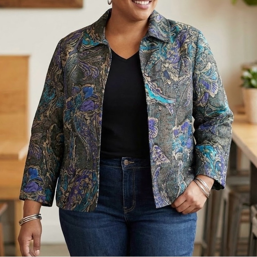 Chico’s 100% Silk Floral Paisley Blazer Vintage Eclectic Boho Jacket Artsy Y2K